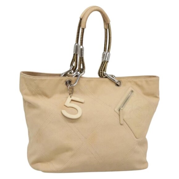 CHANEL COCO Mark Tote Bag Canvas Beige Silver CC - Picture 2 of 16